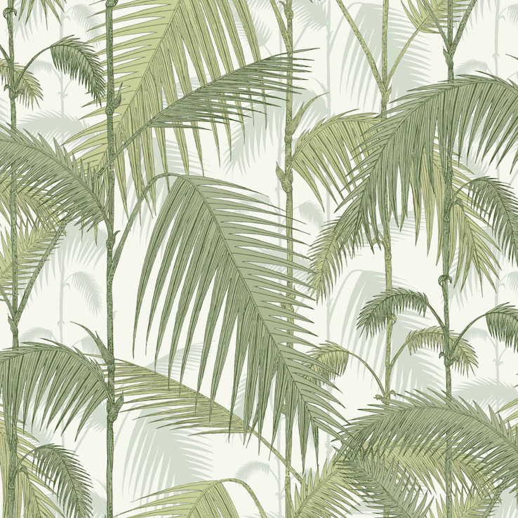 Illustratie van het Cole and Son Palm Jungle patroon met overlappende groene palmbladeren op een lichte achtergrond.
