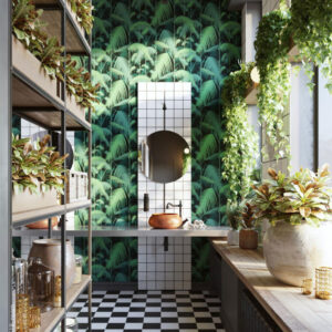 Modern badkamerinterieur met Cole and Son Palm Jungle behang, veel groen en een tropische sfeer.