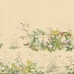 Illustratie van een Japanse tuin met kleurrijke bloemen en weelderige beplanting op een beige achtergrond.