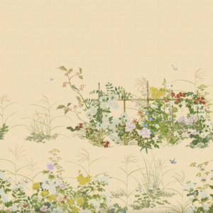 Illustratie van een Japanse tuin met kleurrijke bloemen en weelderige beplanting op een beige achtergrond.