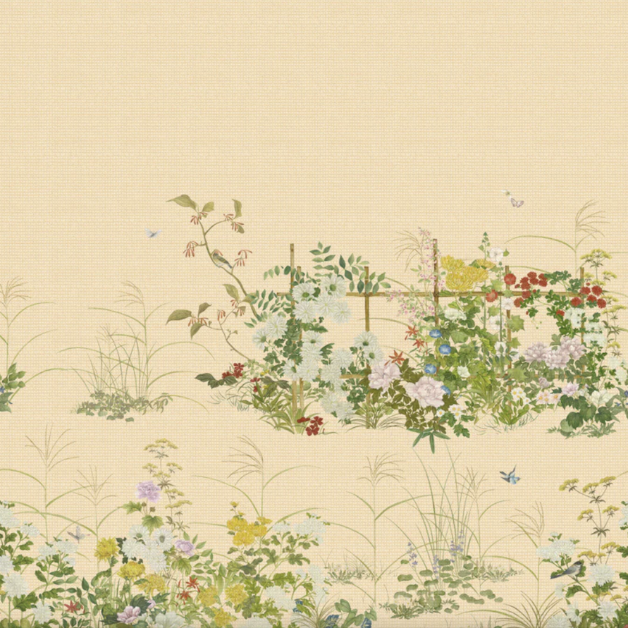 Illustratie van een Japanse tuin met kleurrijke bloemen en weelderige beplanting op een beige achtergrond.