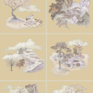 Illustraties van Aziatisch geïnspireerde landschappen met bomen, bergen, watervallen en een kraanvogel op een goudkleurige achtergrond uit het Cole and Son Tile Toile Gilded behang.