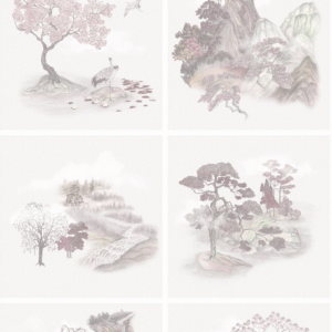 Zes panelen van het Cole and Son Tile Toile behang met sierlijke oosterse landschappen in zachte roze en paarse tinten.