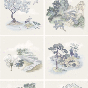 Decoratief Cole and Son Tile Toile behang met zes dromerige landschapsillustraties in zachte pastelkleuren.