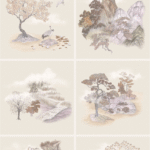 Behangpatroon Cole & Son Tile Toile met delicate illustraties van bomen, kraanvogels, bergen en watervallen in zachte pastelkleuren.