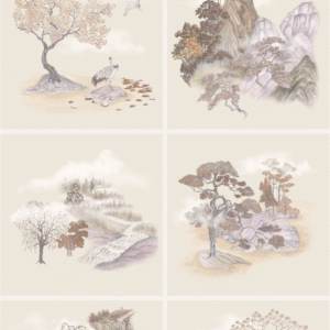 Behangpatroon Cole & Son Tile Toile met delicate illustraties van bomen, kraanvogels, bergen en watervallen in zachte pastelkleuren.