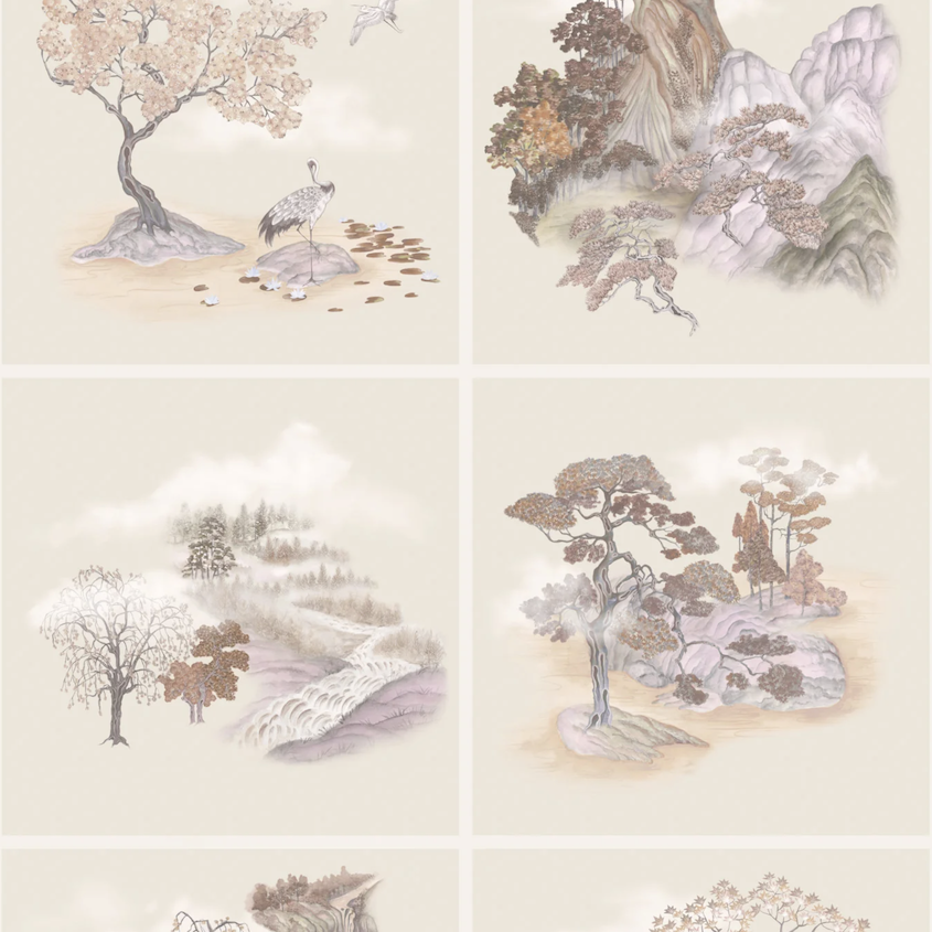 Behangpatroon Cole & Son Tile Toile met delicate illustraties van bomen, kraanvogels, bergen en watervallen in zachte pastelkleuren.