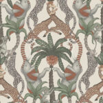 Decoratief Cole and Son Ardmore Jabula Safari Totem behang met giraffen, olifanten, apen, luipaarden en palmbomen in symmetrisch patroon.