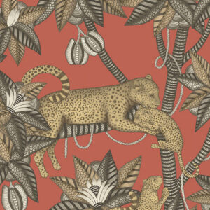 Illustratief behangontwerp van Cole & Son met luipaarden en bladeren op een terracotta achtergrond uit de Ardmore Jabula Satara collectie.