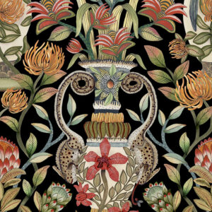 Decoratief Cole & Son Ardmore Jabula behang met kleurrijk Protea Garden patroon op een zwarte achtergrond.