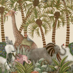 Decoratief Ardmore Jabula behang met illustratieve jungleprint van giraffen, olifanten, apen en weelderige tropische planten.
