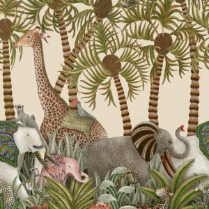 Decoratief Ardmore Jabula behang met illustratieve jungleprint van giraffen, olifanten, apen en weelderige tropische planten.