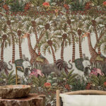 Decoratief Cole and Son Ardmore Jabula behang met kleurrijke jungle-afbeeldingen van giraffen, olifanten en tropische planten.