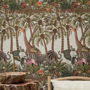 Decoratief Cole and Son Ardmore Jabula behang met kleurrijke jungle-afbeeldingen van giraffen, olifanten en tropische planten.