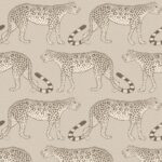 Beige behang met een herhalend patroon van getekende luipaarden uit de Cole and Son Ardmore Leopard Walk collectie.