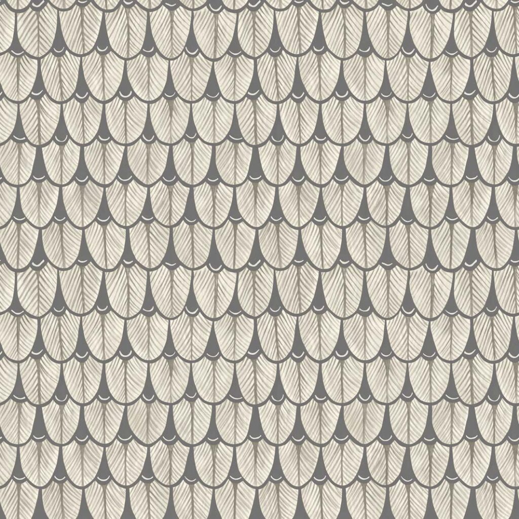 Behangpatroon Cole and Son Ardmore Narina 109/10048 met gestileerde, overlappende bladvormen in grijs en beige.