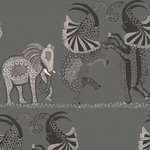 Grijs behang met gestileerde, dansende dieren zoals olifanten en antilopes uit het Cole and Son Ardmore Safari Dance ontwerp.