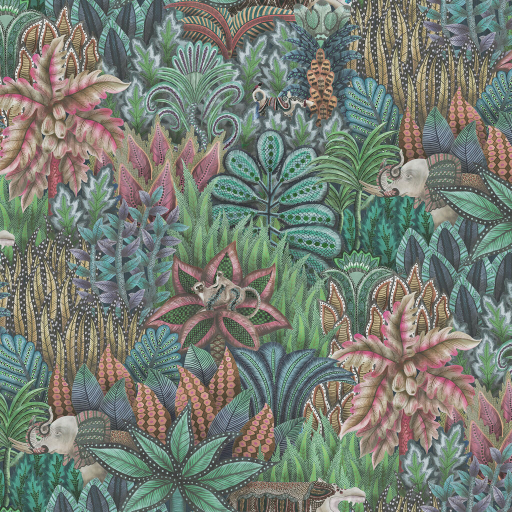 Gedetailleerd Cole and Son Ardmore Singita behang met weelderige tropische planten en Afrikaanse dieren zoals olifanten, luipaarden en apen.