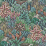 Gedetailleerd Cole and Son Ardmore Singita behang met weelderige tropische planten en Afrikaanse dieren zoals olifanten, luipaarden en apen.