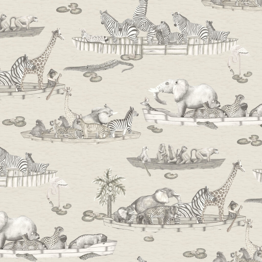 Behangpatroon van Cole and Son met safari-dieren zoals zebra's, olifanten en giraffen die samen in houten bootjes op water drijven.