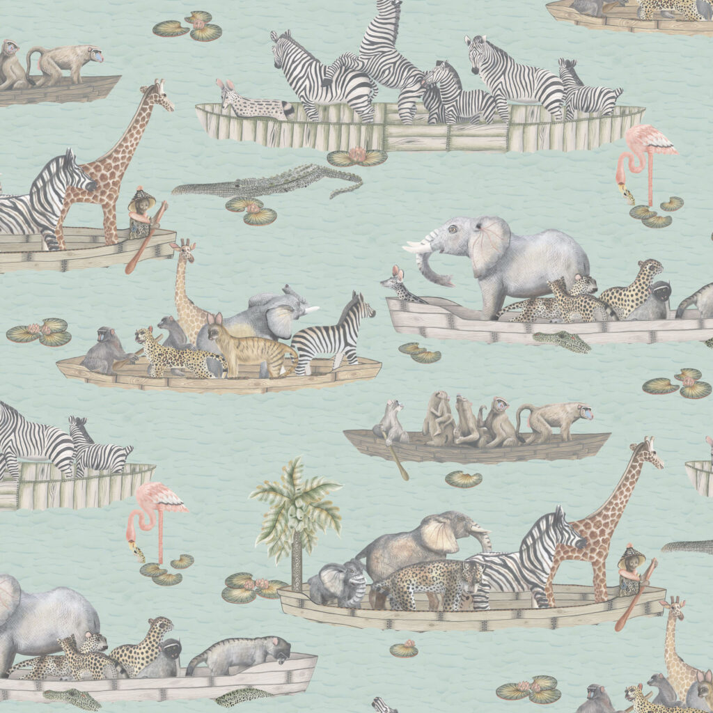 Illustratief behangpatroon "Ardmore Zambezi" van Cole and Son met Afrikaanse dieren in houten bootjes op een lichtblauwe rivier.