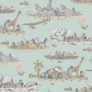 Illustratief behangpatroon "Ardmore Zambezi" van Cole and Son met Afrikaanse dieren in houten bootjes op een lichtblauwe rivier.
