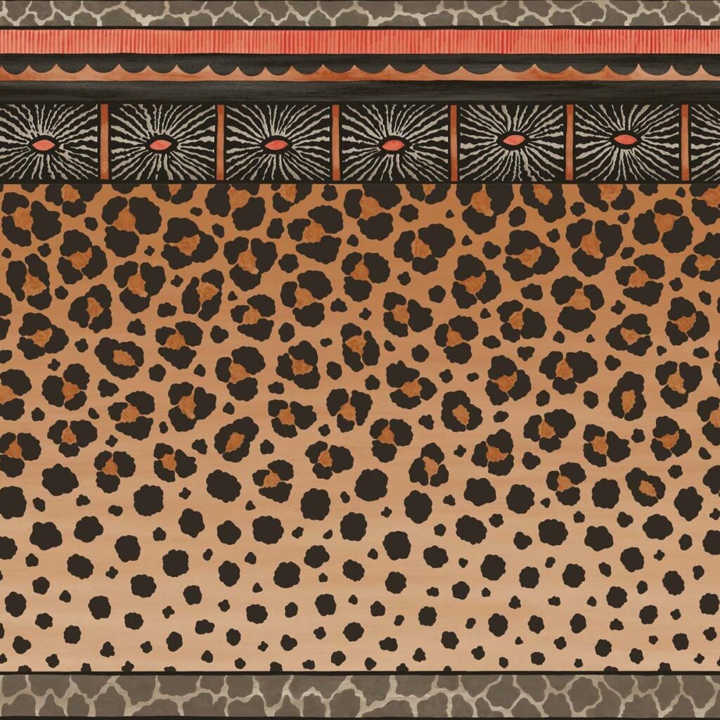 Behang met luipaardprint en decoratieve Zulu-geïnspireerde border in aardetinten van Cole and Son.