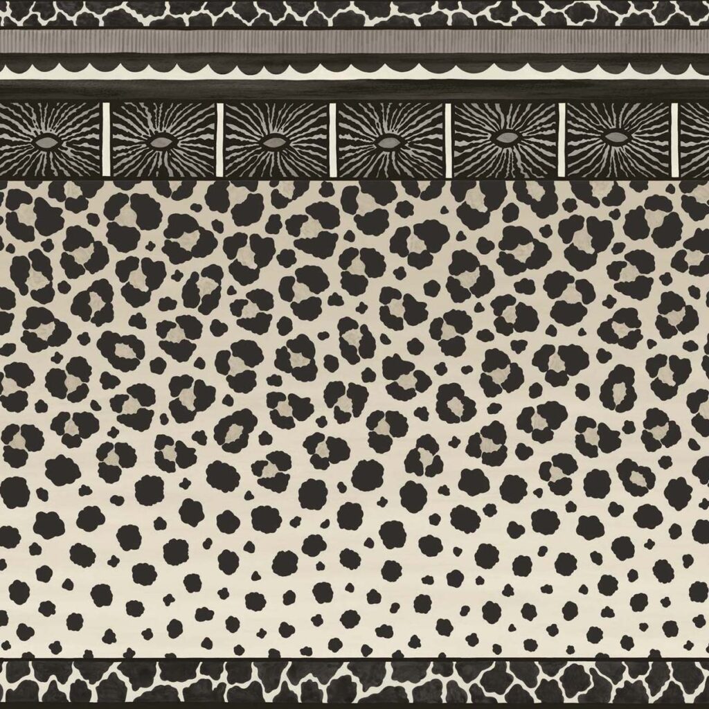 Behangpatroon Cole and Son Ardmore Zulu Border met een zwart-witte luipaardprint en decoratieve Afrikaanse motieven.