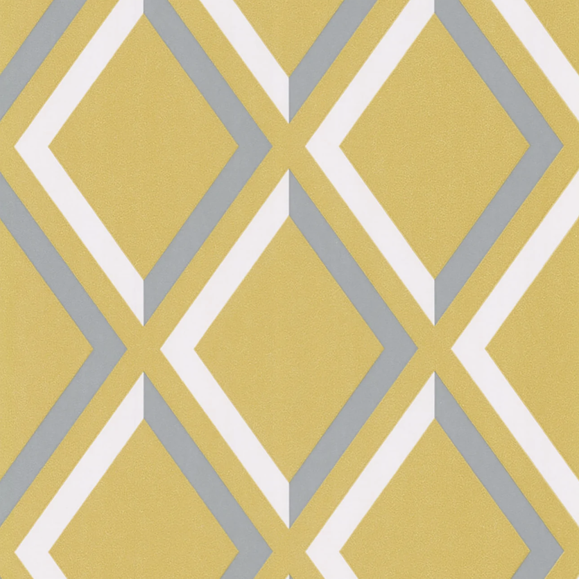 Geometrisch Cole and Son behang Pompeian 663018 met een patroon van geelgouden ruiten omlijnd door witte en grijze lijnen.