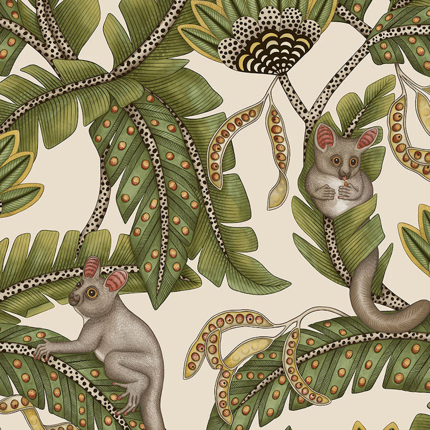 Illustratief behangpatroon van Cole and Son met bush baby's tussen grote tropische bladeren en gestileerde bloemen.