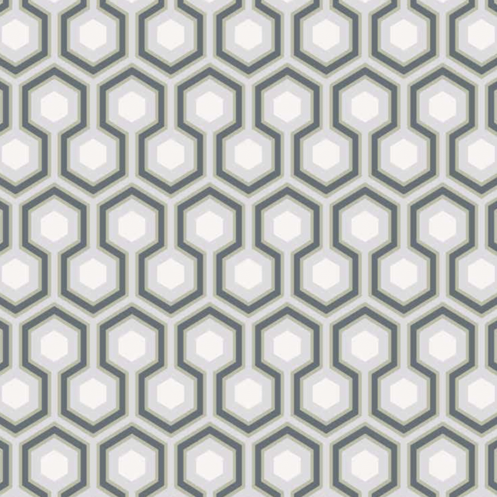 Grijs-wit Cole and Son Hicks Hexagon behang met een herhalend zeshoekig patroon.