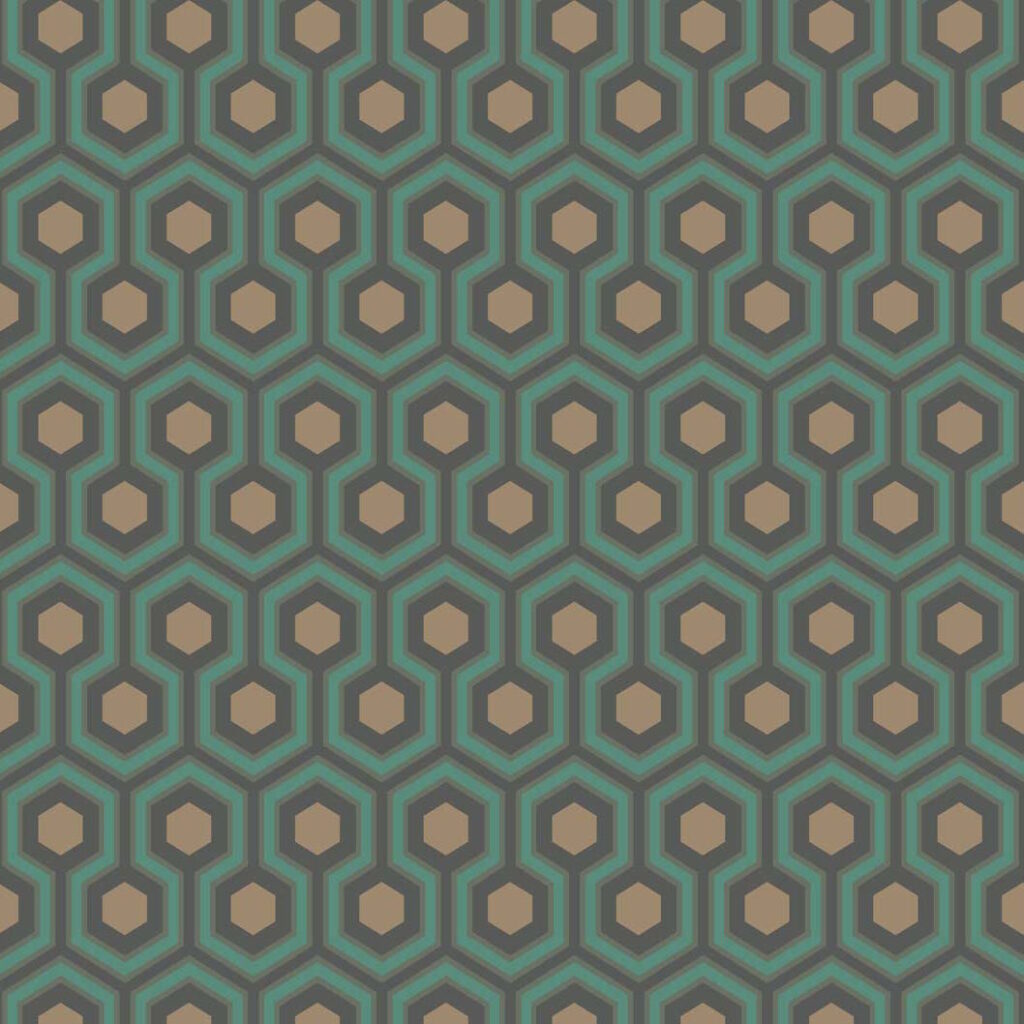 Hexagon-patroon behang van Cole and Son in retrostijl met blauwe en beige kleuren.