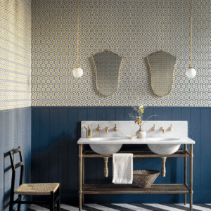 Badkamer met Cole and Son Hicks Hexagon behang, dubbele wastafel met marmeren blad en messing kranen, en blauwe houten lambrisering.