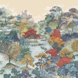 Illustratief patroon van Cole and Son Pavilion met kleurrijke bomen, een paviljoen aan het water en een bergachtig fantasielandschap.