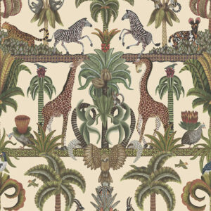 Gedetailleerd Ardmore Jabula Afrika Kingdom behang met kleurrijke exotische dieren en tropische planten op een beige achtergrond.