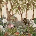 Decoratief Cole & Son Ardmore Jabula behang met fantasierijke dieren zoals olifanten, giraffen en luipaarden in een weelderige jungle.