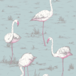 Illustratief behangpatroon van Cole and Son met witte en roze flamingo’s in een moerasachtig landschap op een lichtblauwe achtergrond.