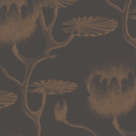 Donkerbehang met een illustratief patroon van koperkleurige waterlelies en bladeren uit de Cole and Son Lily collectie.