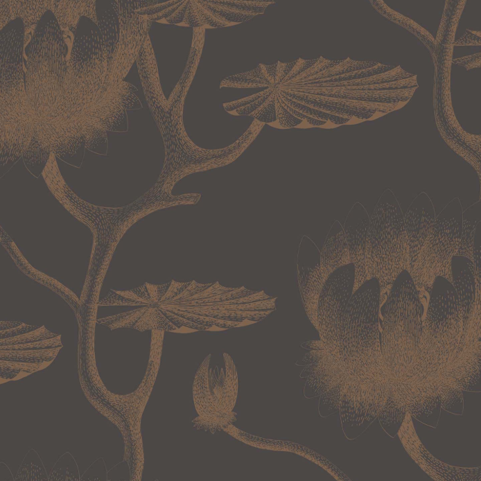 Donkerbehang met een illustratief patroon van koperkleurige waterlelies en bladeren uit de Cole and Son Lily collectie.
