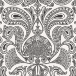 Gedetailleerd zwart-wit behangontwerp van Cole and Son Malabar 661004 met sierlijke paisley- en waaierpatronen.