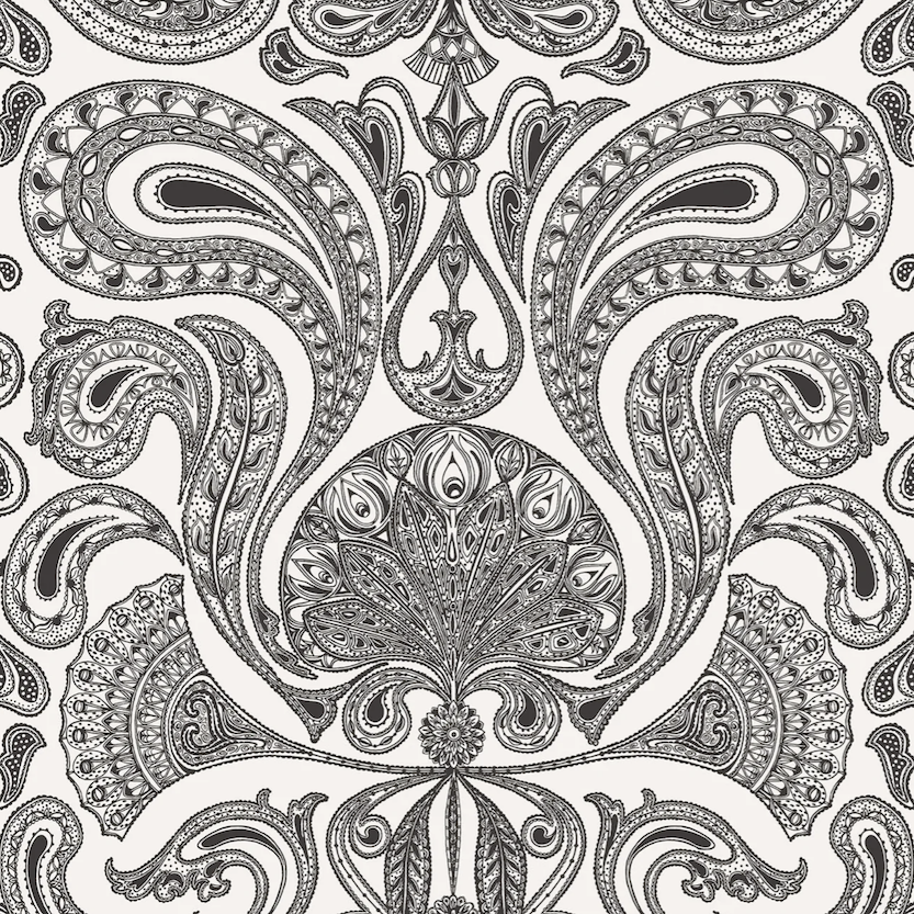 Gedetailleerd zwart-wit behangontwerp van Cole and Son Malabar 661004 met sierlijke paisley- en waaierpatronen.