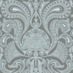 Gedetailleerd paisley-patroon in lichtblauw op een grijze achtergrond van het Cole & Son Malabar 661005 behang.