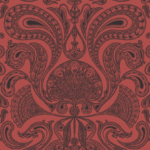 Rood Cole & Son Malabar behang met een sierlijk zwart paisleypatroon.