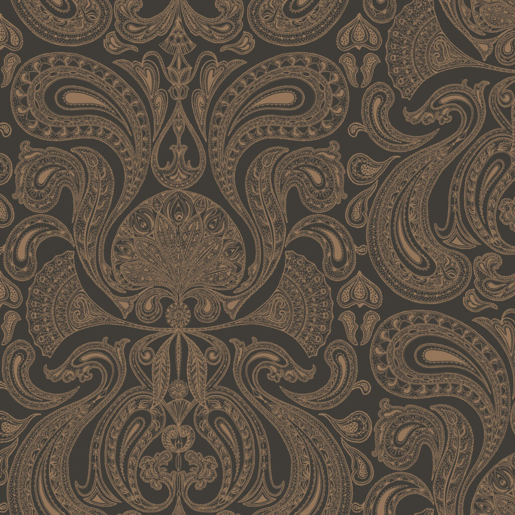 Gedetailleerd paisley-patroon in koperkleurig design op donkerbruine achtergrond uit het Cole and Son Malabar behang.