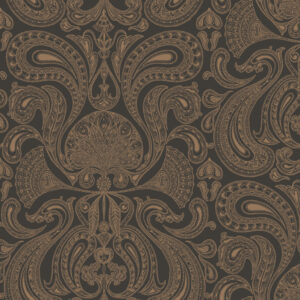 Gedetailleerd paisley-patroon in koperkleurig design op donkerbruine achtergrond uit het Cole and Son Malabar behang.