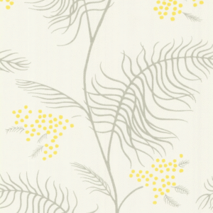 Behangpatroon Cole and Son Mimosa met grijze takken en gele bloemetjes op een lichte achtergrond.