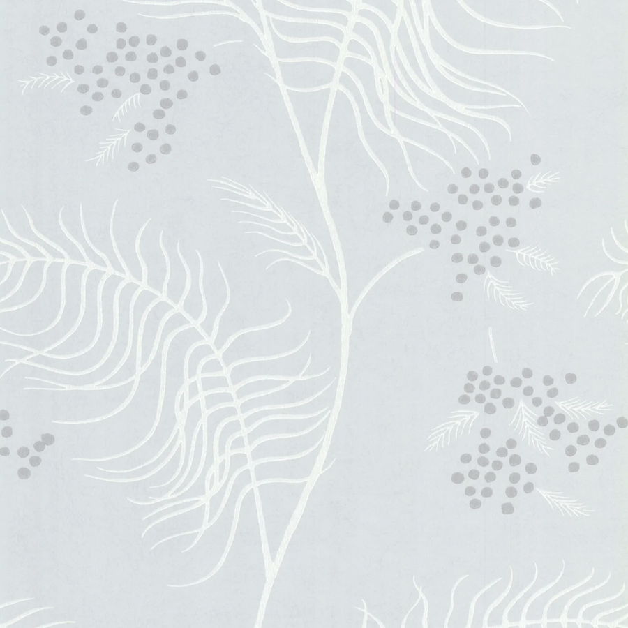 Lichtblauw Cole & Son Mimosa behang met een delicaat patroon van witte takken en grijze bessen.