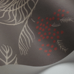 Detail van het Cole and Son Mimosa behang met rode bessen en beige bladmotief op een donkere achtergrond.