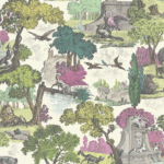 Illustratief Cole and Son Versailles Grand behang met klassieke taferelen, dieren en kleurrijke bomen in een romantisch landschap.