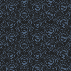 Donkerblauw Cole and Son Feather Fan behang met een patroon van waaiervormen opgebouwd uit stippen.